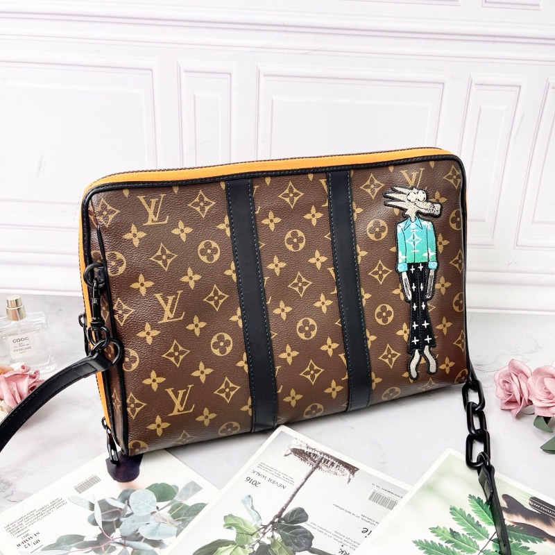 LV老花Keepall Pouch限量款 稻草人手拿包肩背斜背包34*7*23cm 98新配件肩帶 塵袋-4