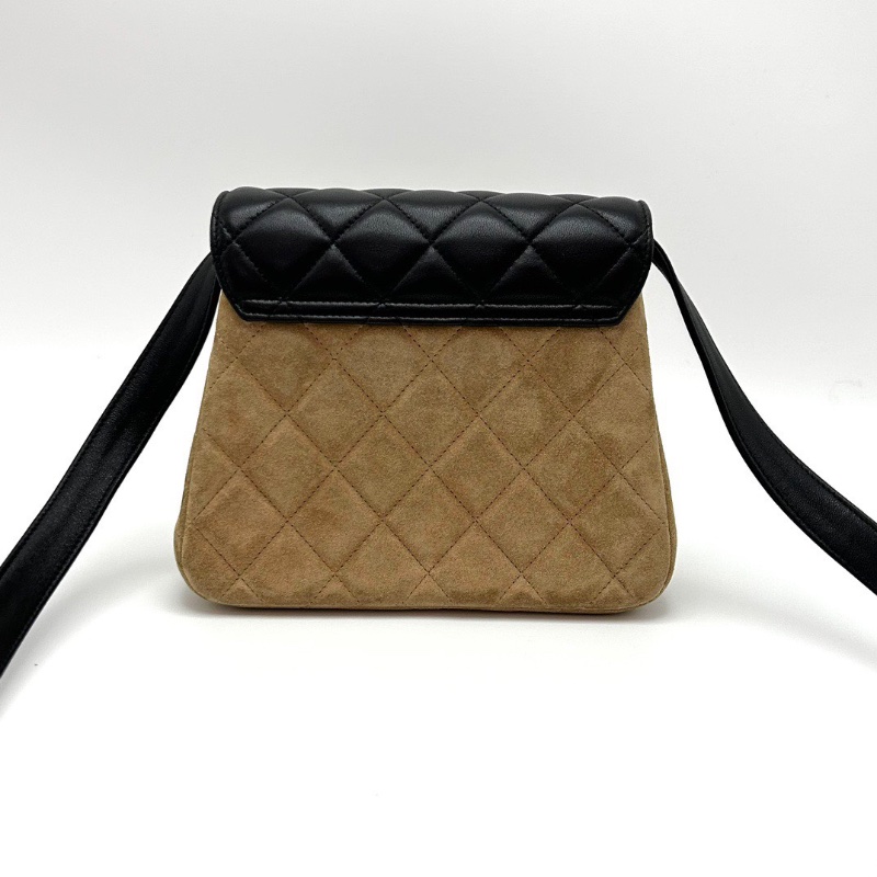 CHANEL 黑金麂皮拼皮肩背斜背包19*15*5 98新配件塵袋-6