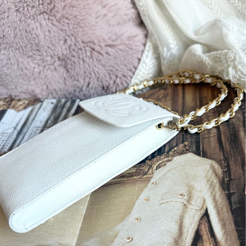 香奈兒 包 魚子醬 斜挎包 白色 皮革包 側背包 斜背包 二手 古董包 白雪公主 荔枝皮 chanel 手機包-2