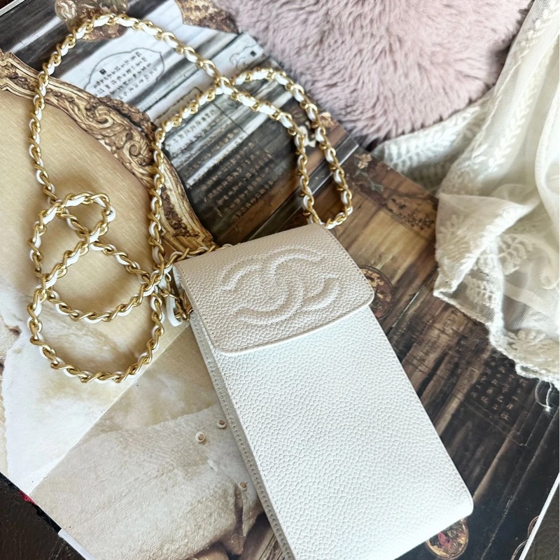 香奈兒 包 魚子醬 斜挎包 白色 皮革包 側背包 斜背包 二手 古董包 白雪公主 荔枝皮 chanel 手機包-5