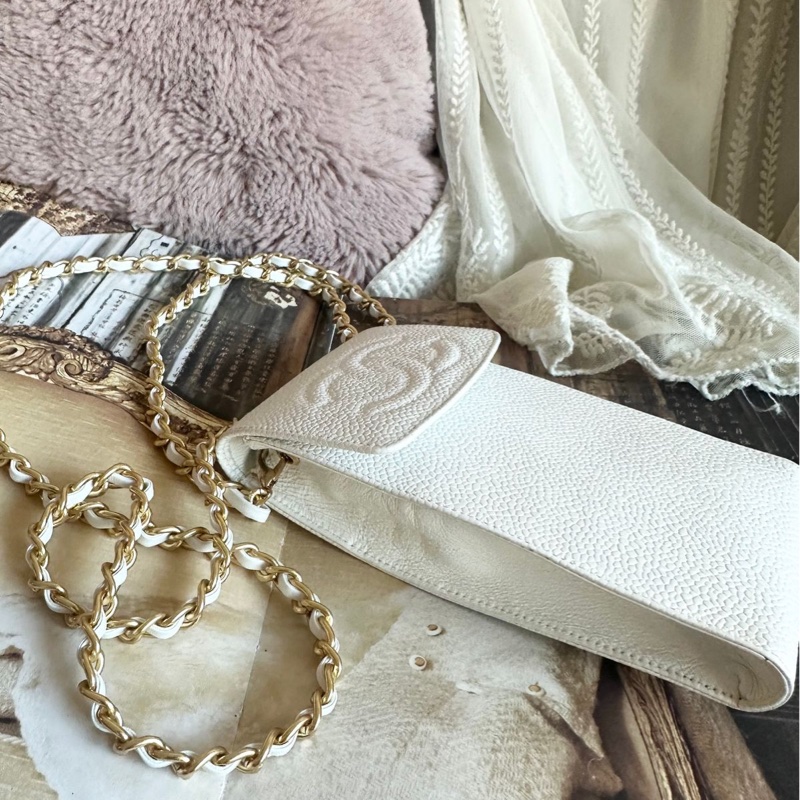香奈兒 包 魚子醬 斜挎包 白色 皮革包 側背包 斜背包 二手 古董包 白雪公主 荔枝皮 chanel 手機包-6