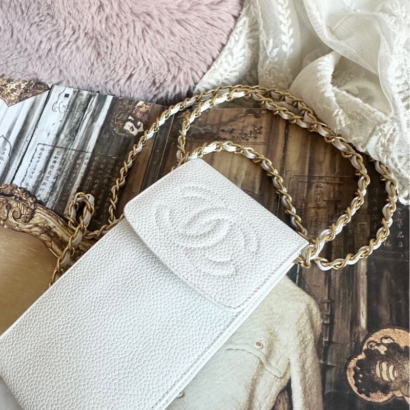 香奈兒 包 魚子醬 斜挎包 白色 皮革包 側背包 斜背包 二手 古董包 白雪公主 荔枝皮 chanel 手機包-8