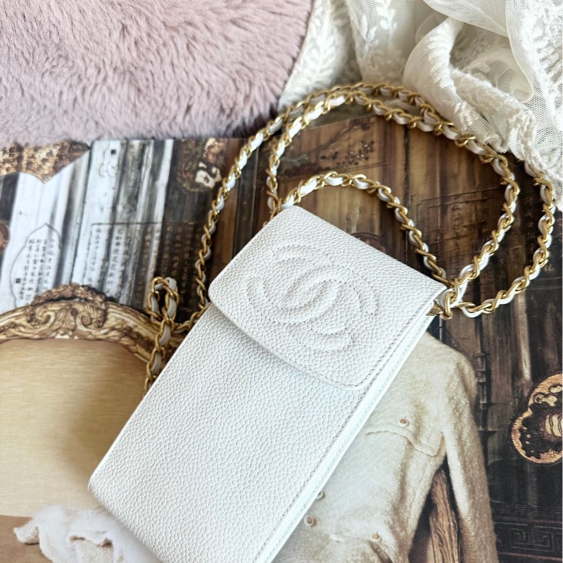 香奈兒 包 魚子醬 斜挎包 白色 皮革包 側背包 斜背包 二手 古董包 白雪公主 荔枝皮 chanel 手機包-9