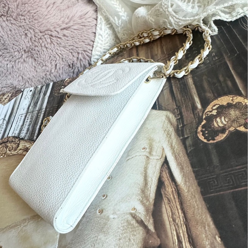 香奈兒 包 魚子醬 斜挎包 白色 皮革包 側背包 斜背包 二手 古董包 白雪公主 荔枝皮 chanel 手機包-10
