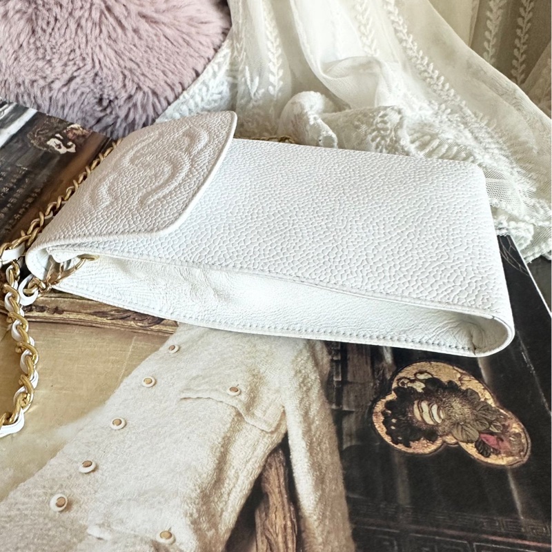 香奈兒 包 魚子醬 斜挎包 白色 皮革包 側背包 斜背包 二手 古董包 白雪公主 荔枝皮 chanel 手機包-11