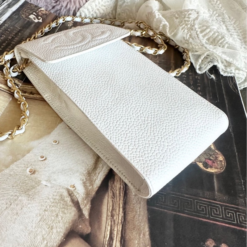 香奈兒 包 魚子醬 斜挎包 白色 皮革包 側背包 斜背包 二手 古董包 白雪公主 荔枝皮 chanel 手機包-12