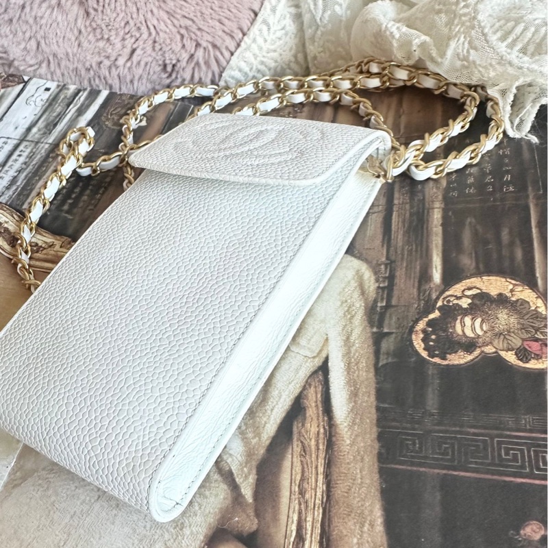 香奈兒 包 魚子醬 斜挎包 白色 皮革包 側背包 斜背包 二手 古董包 白雪公主 荔枝皮 chanel 手機包-13