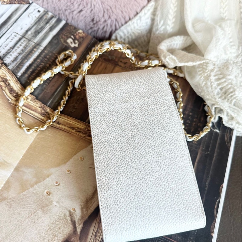 香奈兒 包 魚子醬 斜挎包 白色 皮革包 側背包 斜背包 二手 古董包 白雪公主 荔枝皮 chanel 手機包-14