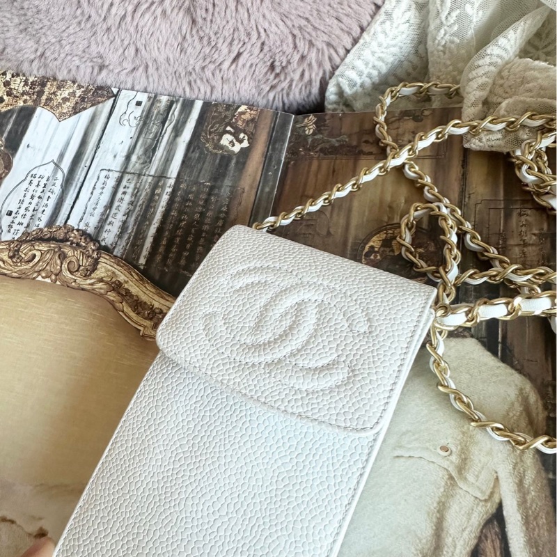 香奈兒 包 魚子醬 斜挎包 白色 皮革包 側背包 斜背包 二手 古董包 白雪公主 荔枝皮 chanel 手機包-16