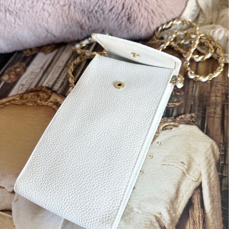 香奈兒 包 魚子醬 斜挎包 白色 皮革包 側背包 斜背包 二手 古董包 白雪公主 荔枝皮 chanel 手機包-18