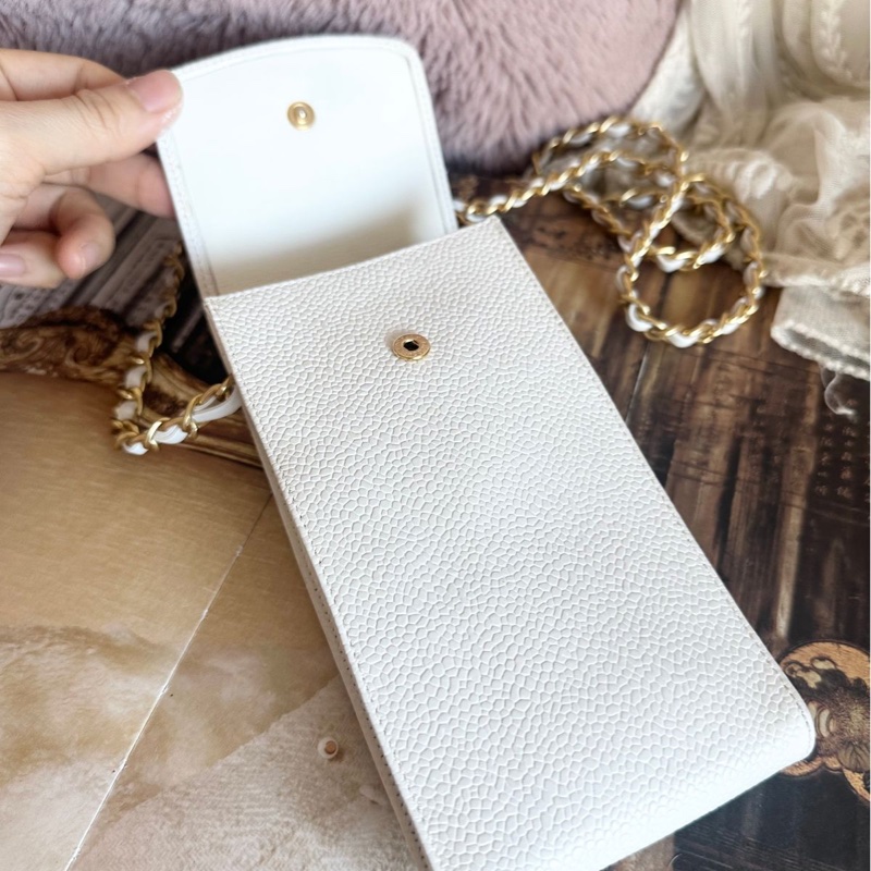 香奈兒 包 魚子醬 斜挎包 白色 皮革包 側背包 斜背包 二手 古董包 白雪公主 荔枝皮 chanel 手機包-19