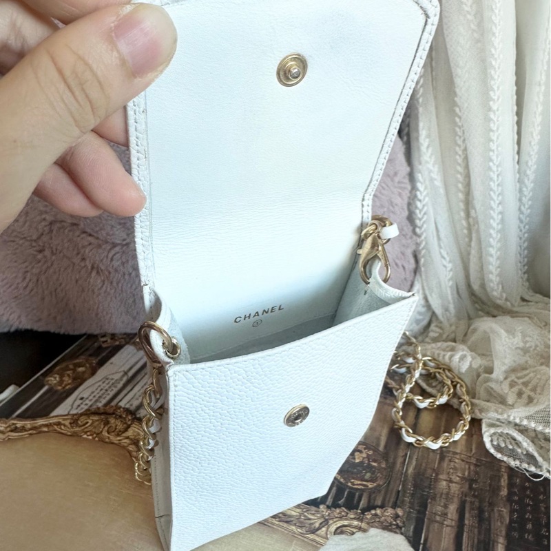 香奈兒 包 魚子醬 斜挎包 白色 皮革包 側背包 斜背包 二手 古董包 白雪公主 荔枝皮 chanel 手機包-20