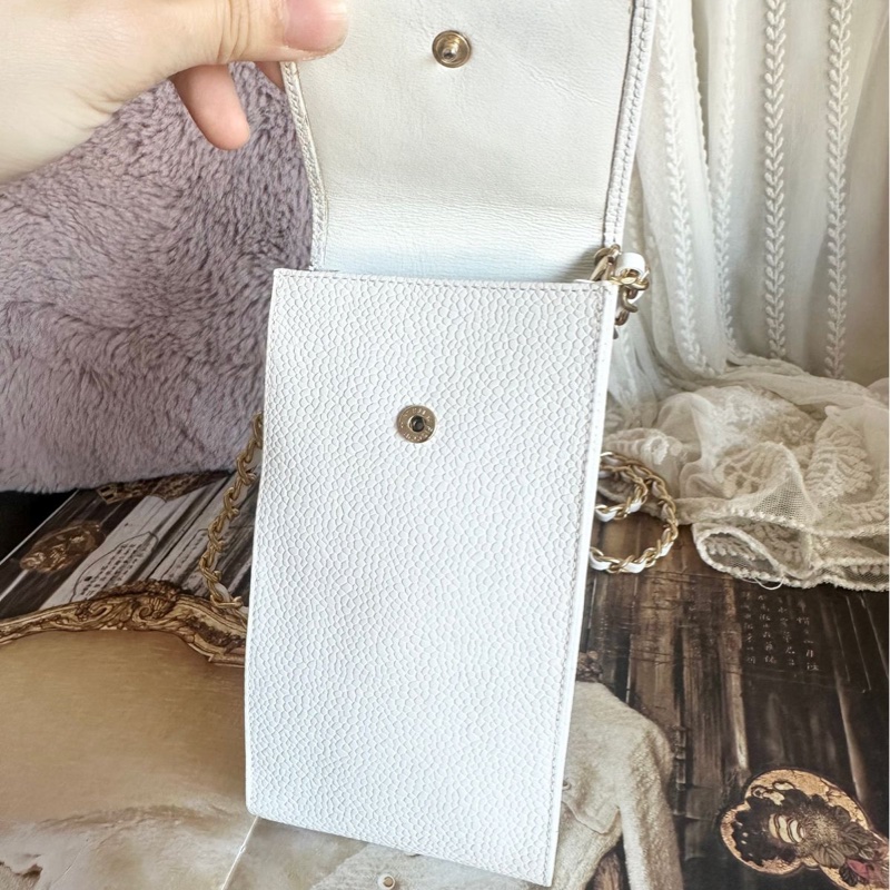 香奈兒 包 魚子醬 斜挎包 白色 皮革包 側背包 斜背包 二手 古董包 白雪公主 荔枝皮 chanel 手機包-22