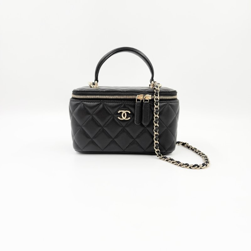 CHANEL - 黑色金釦羊皮菱格手提斜背長盒子-5