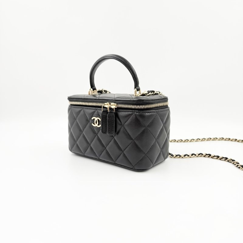 CHANEL - 黑色金釦羊皮菱格手提斜背長盒子-7