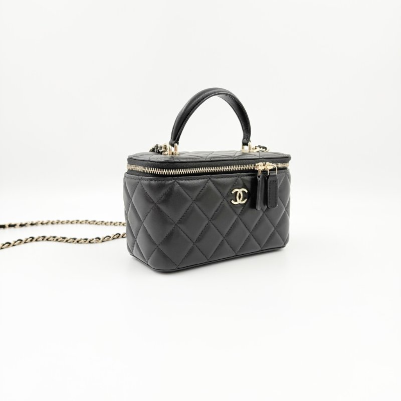 CHANEL - 黑色金釦羊皮菱格手提斜背長盒子-8