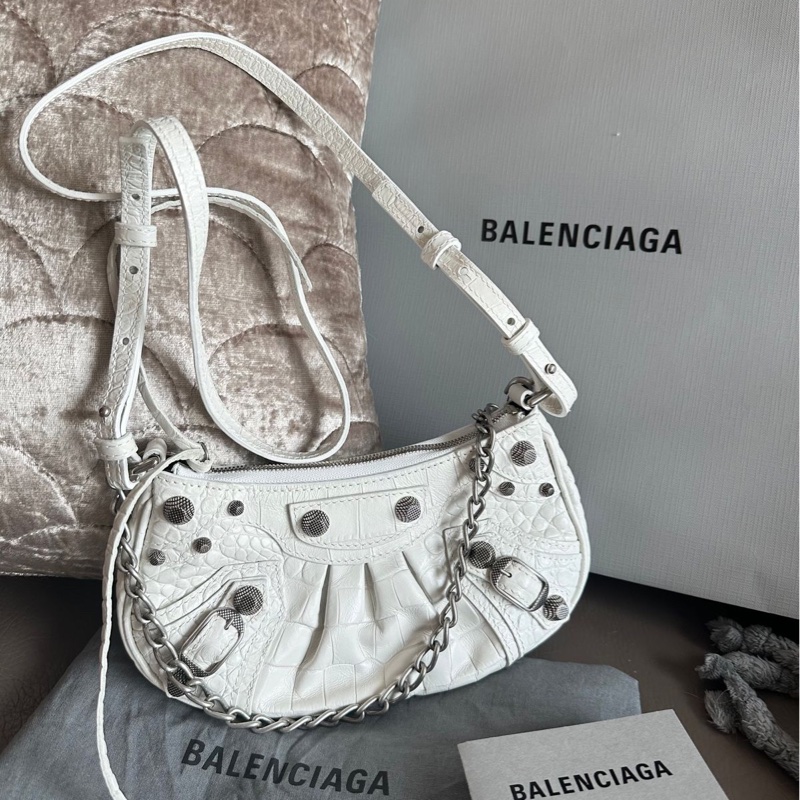 巴黎世家 腋下包 包 連專櫃收據副本 Balenciaga白色 鱷魚紋 Le Cagole Mini 閑置品 斜挎包 鏈條包-0