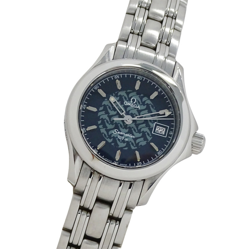 歐米茄海馬系列雅克馬約爾 1997 2580.80 女士腕錶,品牌名稱,日期顯示,120 米防水,石英機芯,不銹鋼 (SS),銀色/海軍藍,拋光。-0