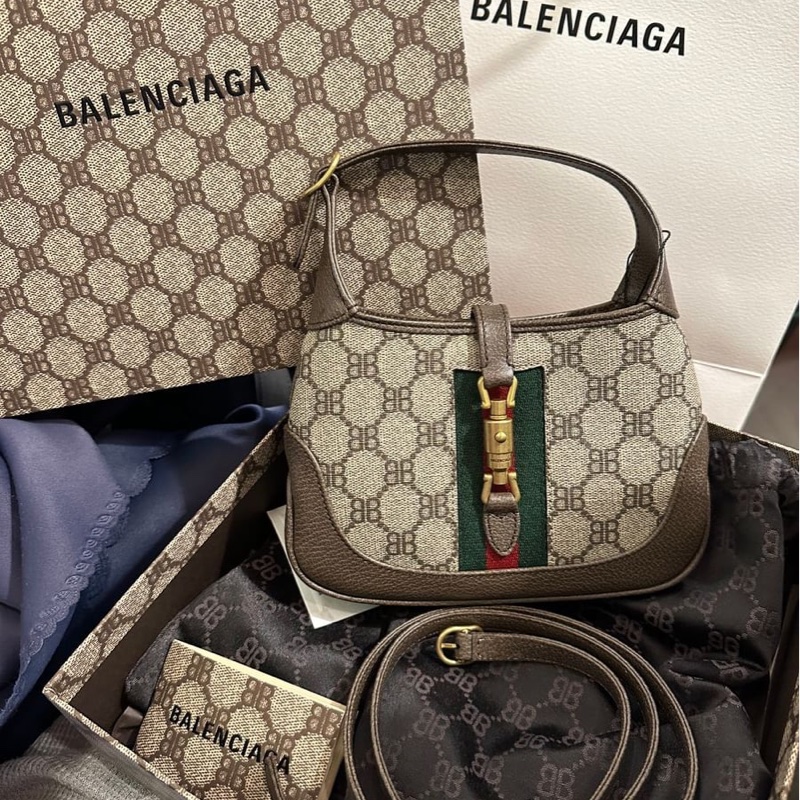 巴黎世家 x 古馳 聯乘 腋下包 超好價出 Balenciaga x Gucci Mini Jackie 棕色包 手提包 ophidia 袋 斜挎包 包-0