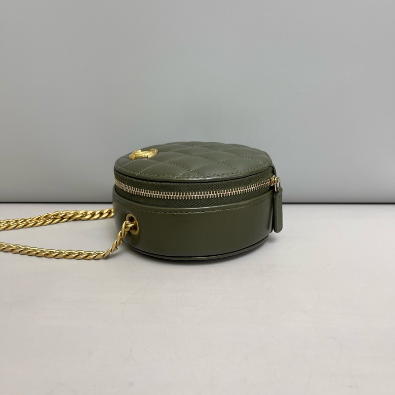 97新❤️Chanel香奈兒 軍綠色全皮菱格金柱圓餅包 芯片-3