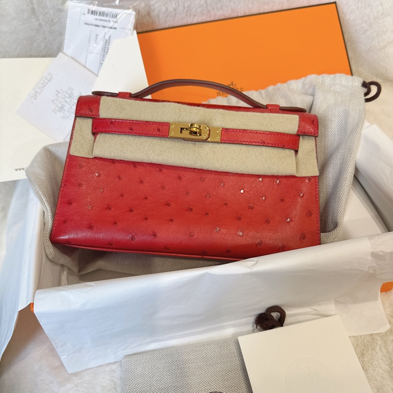 HERMES✨MINI KELLY 一代 鴕鳥皮 53 ROUGE ORANGE 紅色金釦 T刻-0