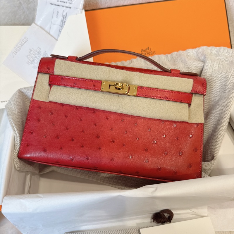 HERMES✨MINI KELLY 一代 鴕鳥皮 53 ROUGE ORANGE 紅色金釦 T刻-1
