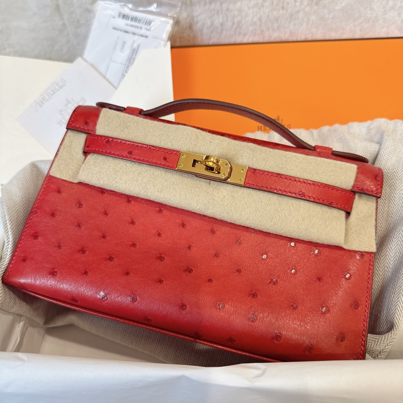 HERMES✨MINI KELLY 一代 鴕鳥皮 53 ROUGE ORANGE 紅色金釦 T刻-2
