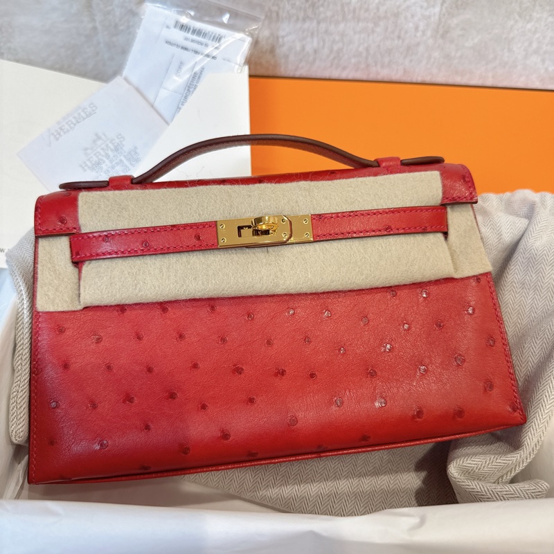 HERMES✨MINI KELLY 一代 鴕鳥皮 53 ROUGE ORANGE 紅色金釦 T刻-3