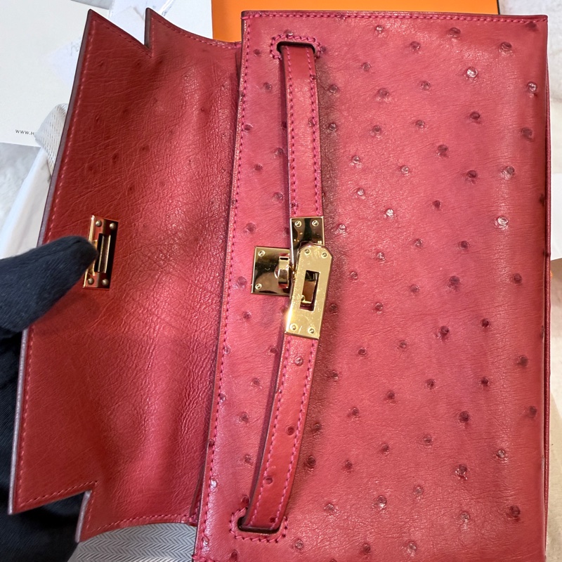 HERMES✨MINI KELLY 一代 鴕鳥皮 53 ROUGE ORANGE 紅色金釦 T刻-5