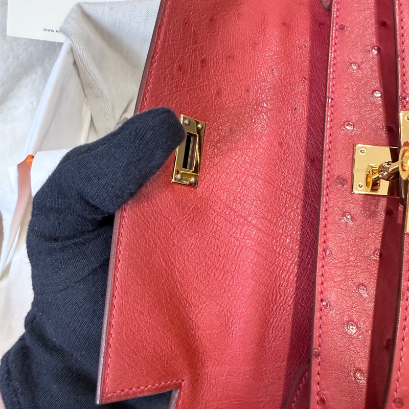 HERMES✨MINI KELLY 一代 鴕鳥皮 53 ROUGE ORANGE 紅色金釦 T刻-6