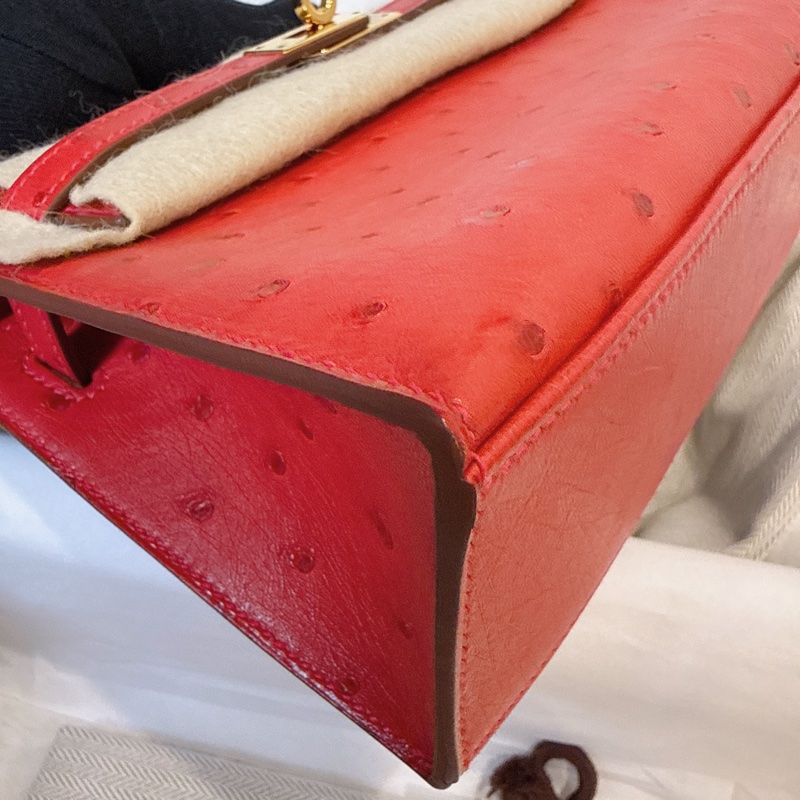 HERMES✨MINI KELLY 一代 鴕鳥皮 53 ROUGE ORANGE 紅色金釦 T刻-8