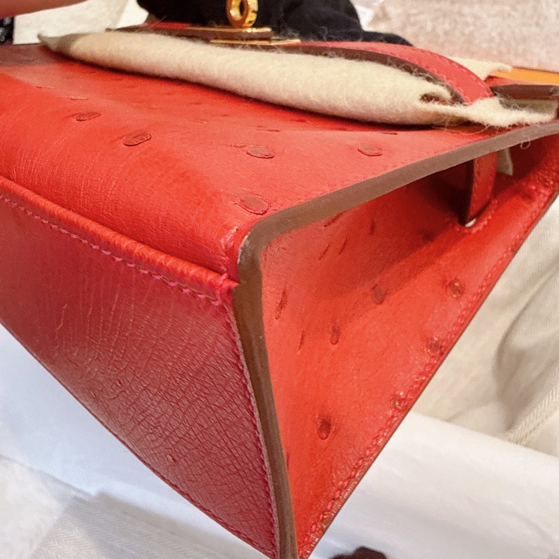 HERMES✨MINI KELLY 一代 鴕鳥皮 53 ROUGE ORANGE 紅色金釦 T刻-9
