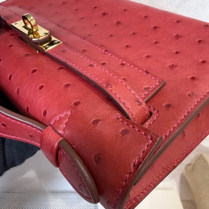 HERMES✨MINI KELLY 一代 鴕鳥皮 53 ROUGE ORANGE 紅色金釦 T刻-10
