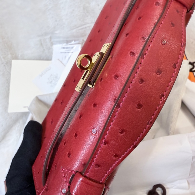 HERMES✨MINI KELLY 一代 鴕鳥皮 53 ROUGE ORANGE 紅色金釦 T刻-12