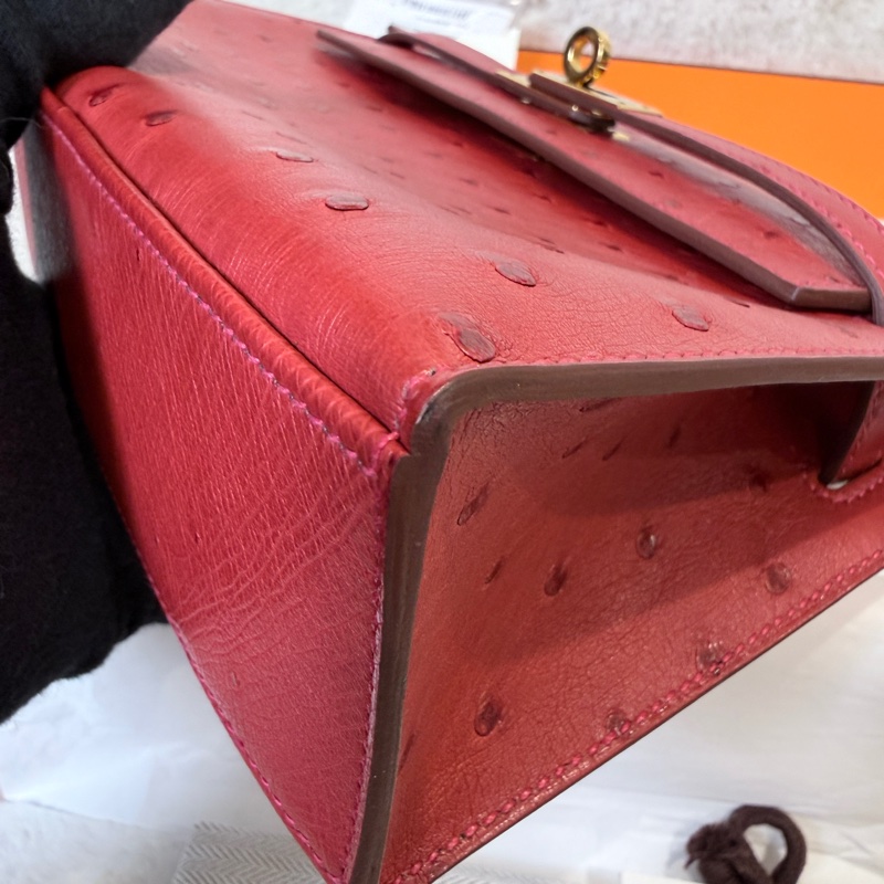 HERMES✨MINI KELLY 一代 鴕鳥皮 53 ROUGE ORANGE 紅色金釦 T刻-13