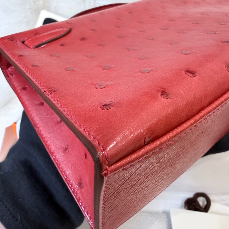 HERMES✨MINI KELLY 一代 鴕鳥皮 53 ROUGE ORANGE 紅色金釦 T刻-14