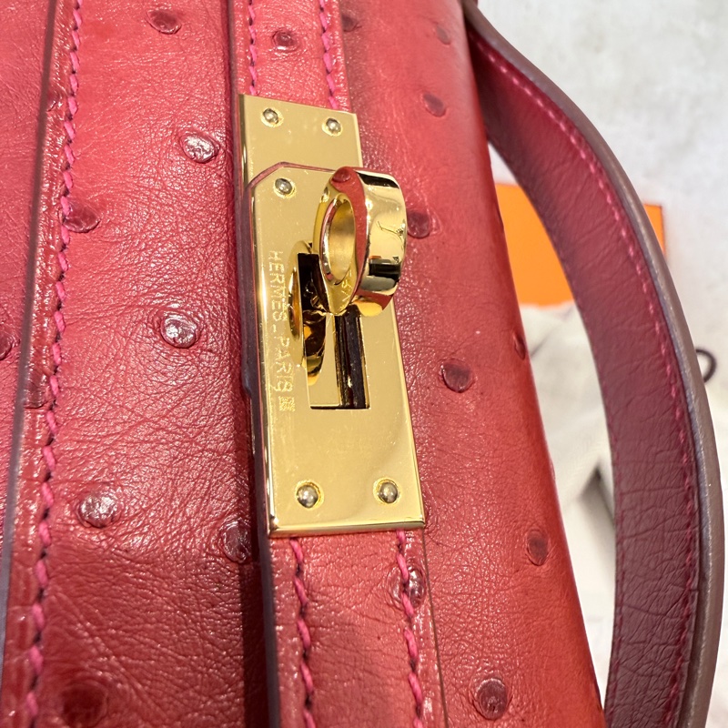 HERMES✨MINI KELLY 一代 鴕鳥皮 53 ROUGE ORANGE 紅色金釦 T刻-22