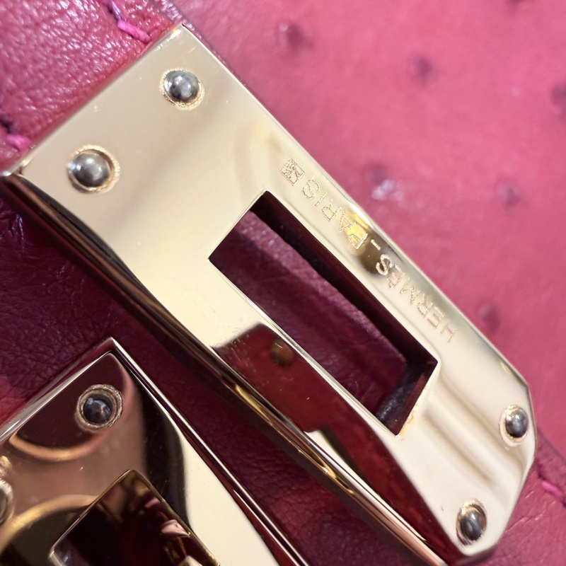 HERMES✨MINI KELLY 一代 鴕鳥皮 53 ROUGE ORANGE 紅色金釦 T刻-30
