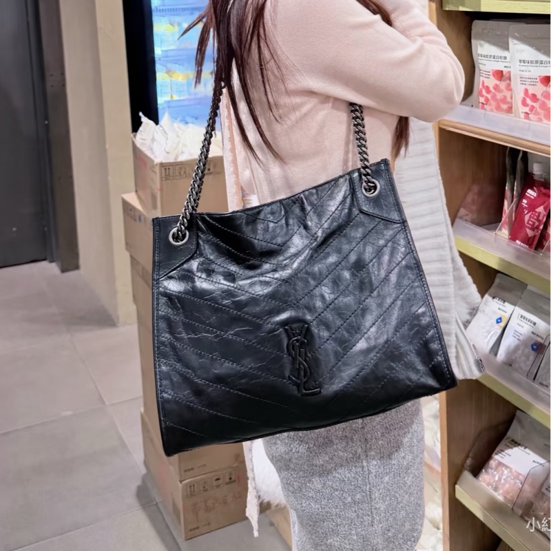絕美最低價😍Ysl聖羅蘭全黑Niki油蠟皮shopping bag托特包肩背包手提包-0