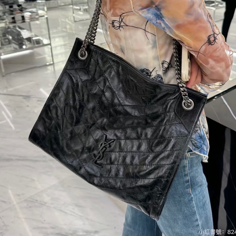 絕美最低價😍Ysl聖羅蘭全黑Niki油蠟皮shopping bag托特包肩背包手提包-2