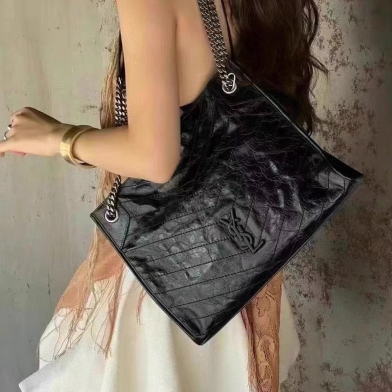 絕美最低價😍Ysl聖羅蘭全黑Niki油蠟皮shopping bag托特包肩背包手提包-3