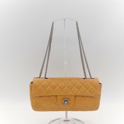 Chanel 香奈兒 Classic Flap CF 25cm 芥末黃 牛皮 銀色鏈條 斜挎包 口蓋包