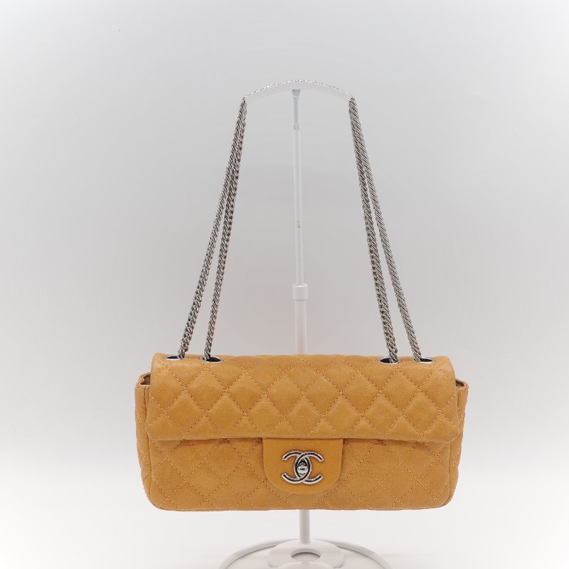 Chanel 香奈兒 Classic Flap CF 25cm 芥末黃 牛皮 銀色鏈條 斜挎包 口蓋包-0
