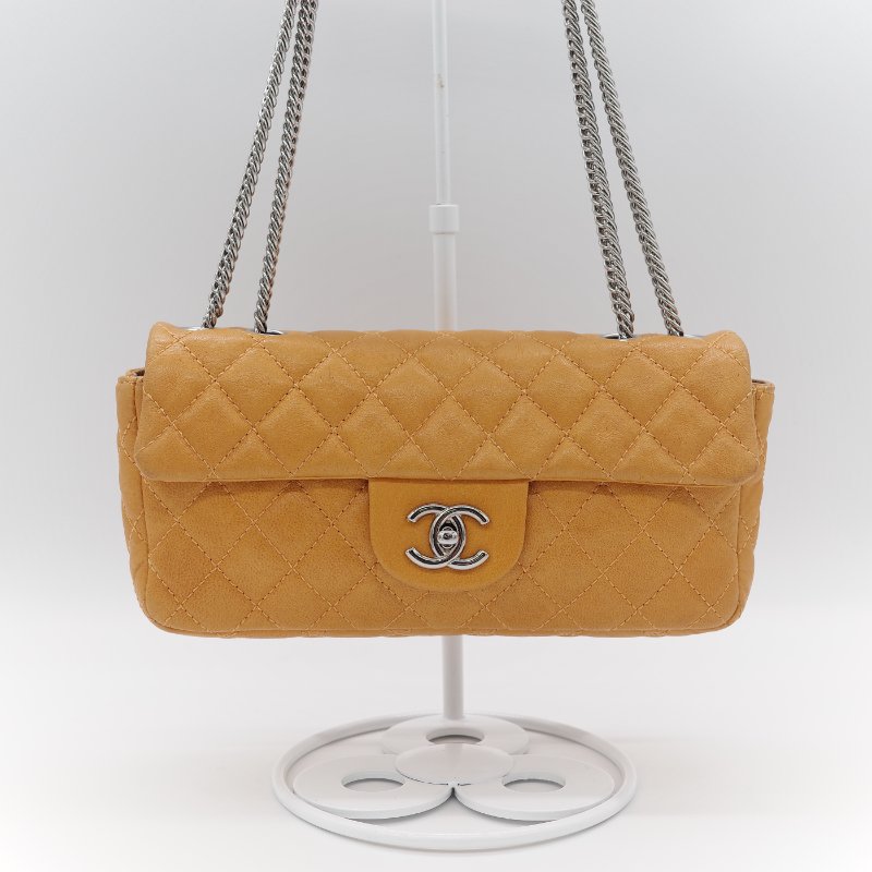 Chanel 香奈兒 Classic Flap CF 25cm 芥末黃 牛皮 銀色鏈條 斜挎包 口蓋包-1