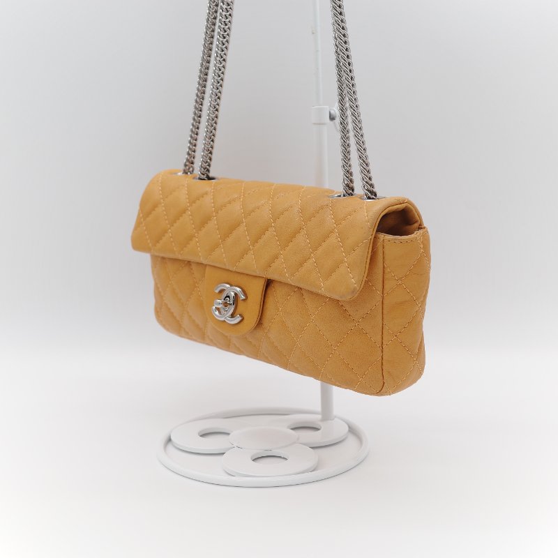 Chanel 香奈兒 Classic Flap CF 25cm 芥末黃 牛皮 銀色鏈條 斜挎包 口蓋包-3