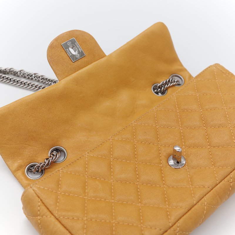Chanel 香奈兒 Classic Flap CF 25cm 芥末黃 牛皮 銀色鏈條 斜挎包 口蓋包-24