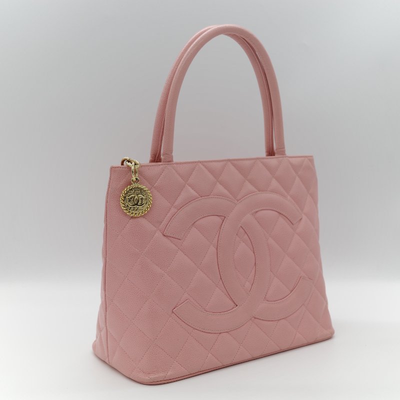 Chanel 香奈兒 希爾頓 櫻花粉 粒面牛皮 金幣包 單肩包 拉鍊 托特包 單肩包-1