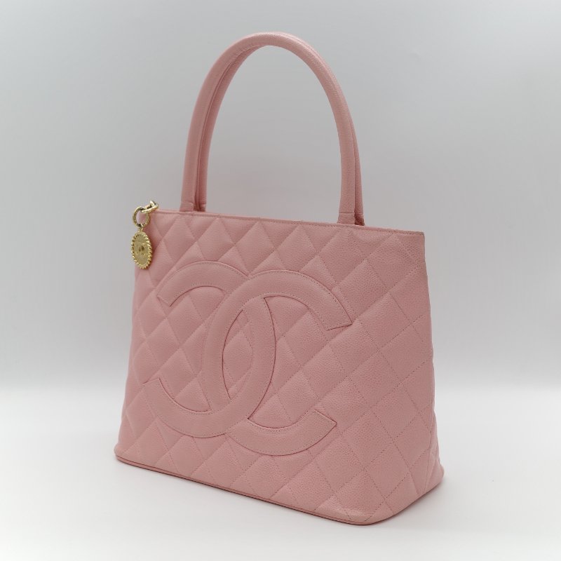 Chanel 香奈兒 希爾頓 櫻花粉 粒面牛皮 金幣包 單肩包 拉鍊 托特包 單肩包-2