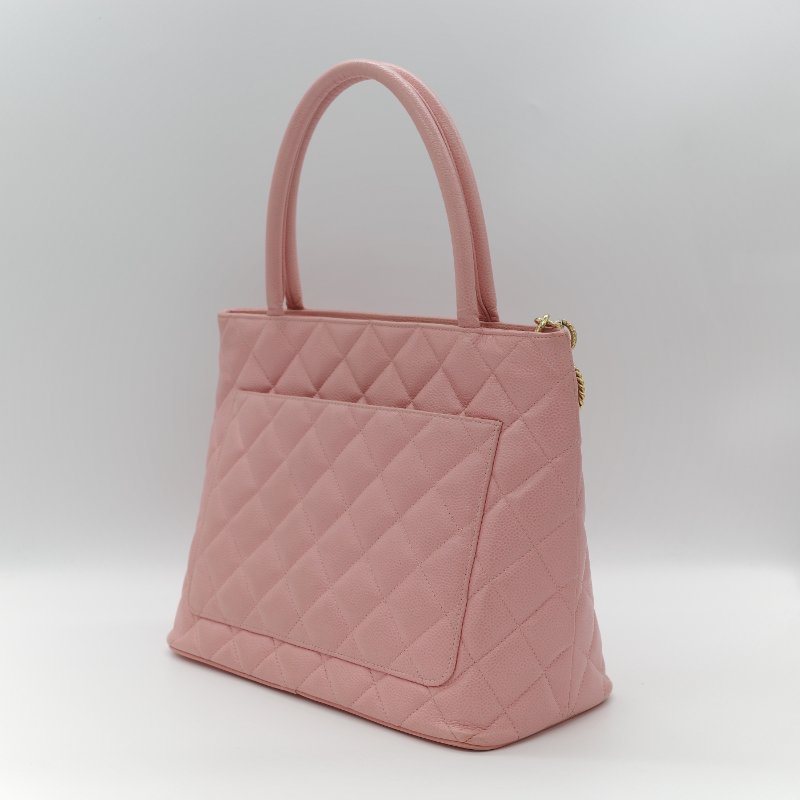 Chanel 香奈兒 希爾頓 櫻花粉 粒面牛皮 金幣包 單肩包 拉鍊 托特包 單肩包-5