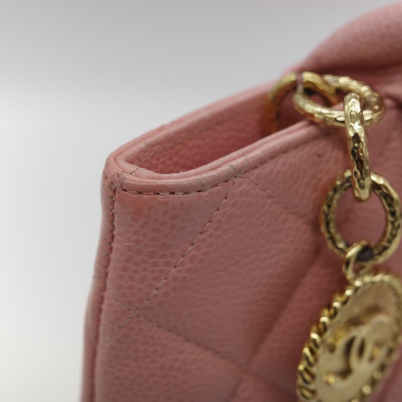 Chanel 香奈兒 希爾頓 櫻花粉 粒面牛皮 金幣包 單肩包 拉鍊 托特包 單肩包-14